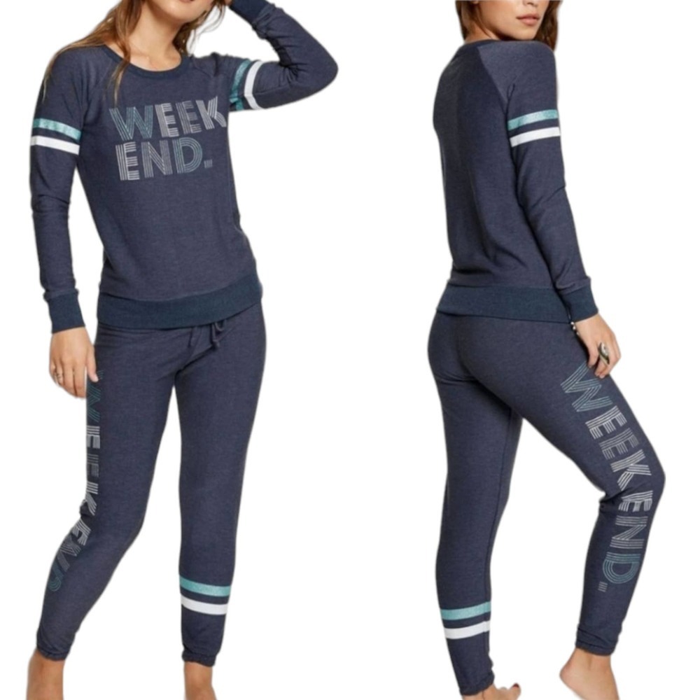 Chaser Cozy Weekend Blue Glitter Sweater Sweatpants Set Medium NEW Striped